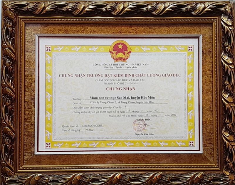 Quyết định của Sở GD&ĐT TP. Hồ Chí Minh công nhận trường MNTT Sao Mai đạt chất lượng giáo dục cấp độ 1